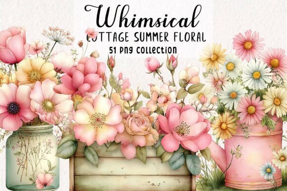 Whimsical Cottage Summer Floral Clipart Graphic Illustrations By Print Magic