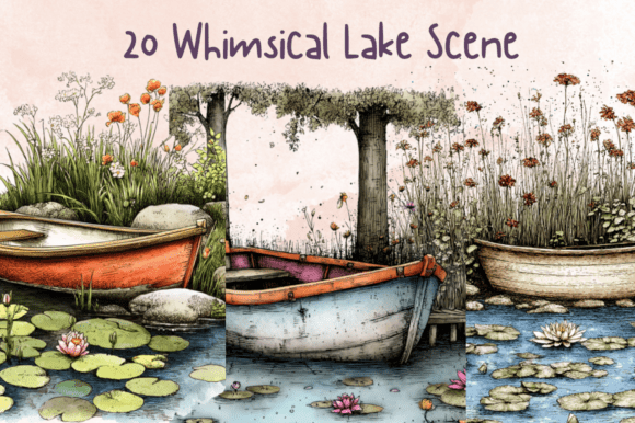 Whimsical Lake Scene Landscape Clipart