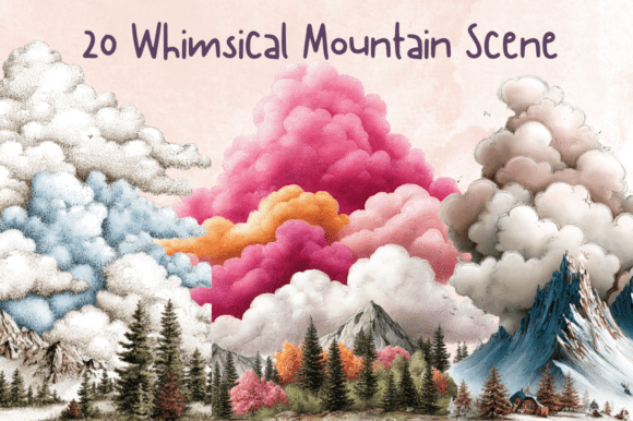 Whimsical Mountain Landscape Clipart Grafika Wygenerowana przez AI Przez giraffecreativestudio