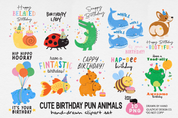 Birthday Pun Animal PNG Clipart Bundle Graphic