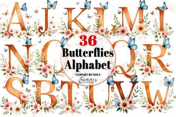 Boho Butterfly Floral Alphabet Clipart Graphic by Summer Digital Design ...