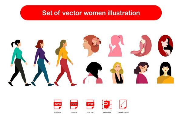 Set of Women Silhouette and Illustration