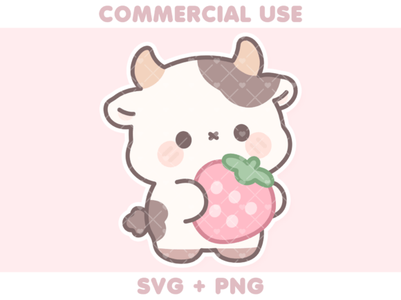 Cute Cow Holding Strawberry Grafika Ilustracje do Druku Przez Roxie Designs
