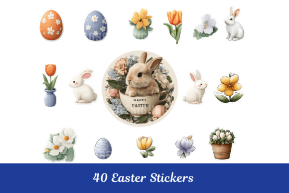 Cute Easter Stickers Bunny Eggs Flower