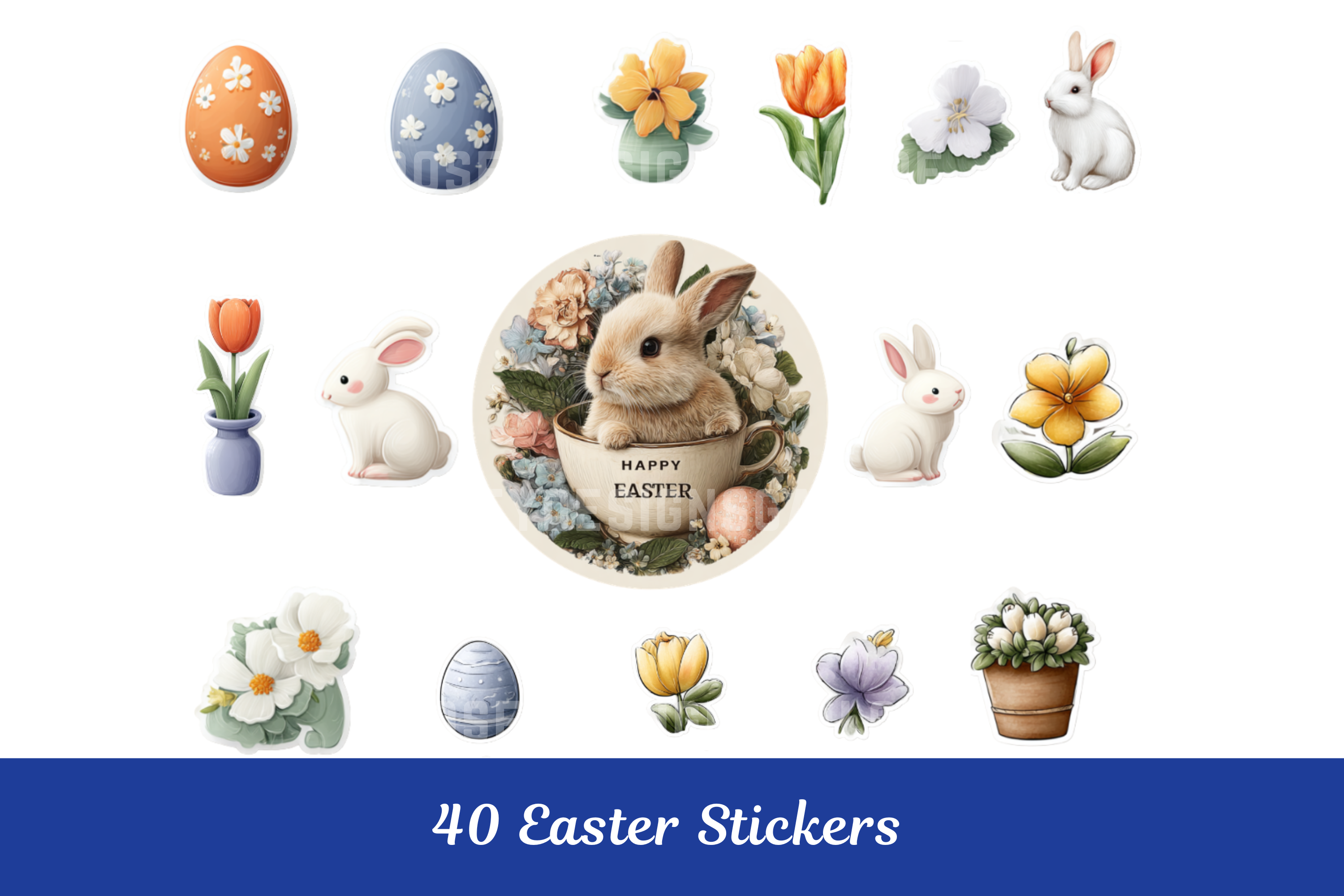 Cute Easter Stickers Bunny Eggs Flower