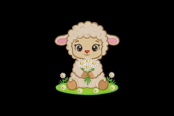 Cute Lamb Holding a Bouquet of Daisies