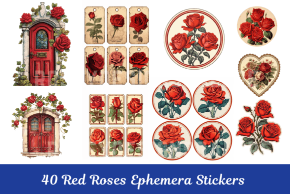 Red Roses Stickers Floral Ephemera