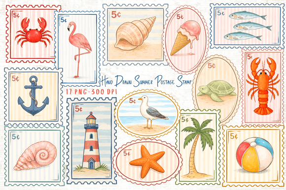 Hand Drawn Summer Postage Stamp Clipart Graphic Illustrations By Yassou Bouhad