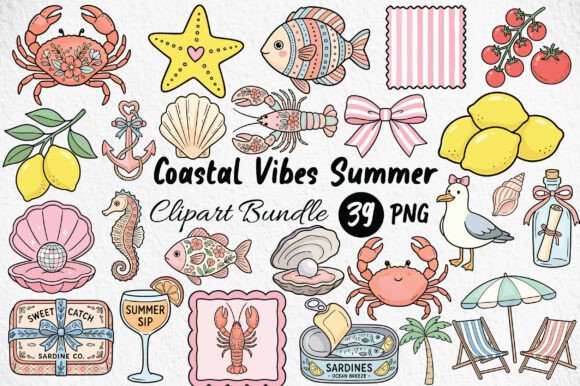 coastal vibes summer clipart with soft beach tones, aesthetic seaside graphics for calm summer designs
