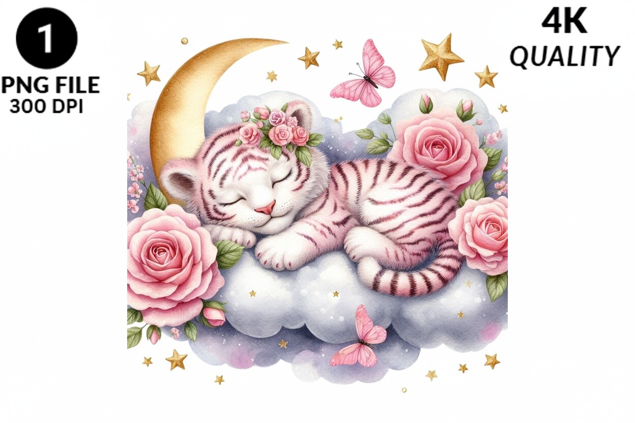 Cute Sleeping Tiger Cub Moon Clouds PNG