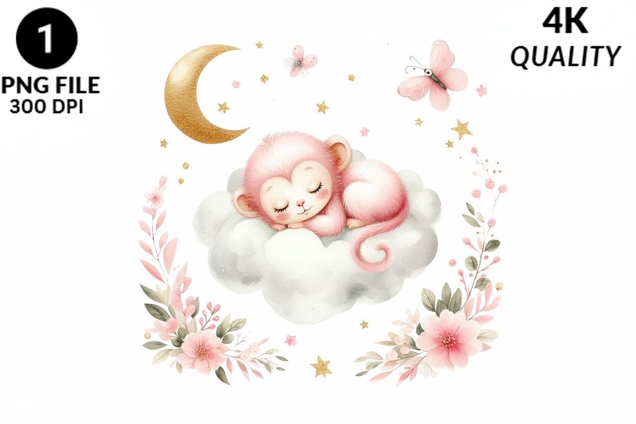 Sleeping Pink Monkey Cloud PNG Baby