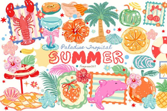 tropical beach summer clipart bundle with palm trees, sun and ocean elements, vibrant summer png set