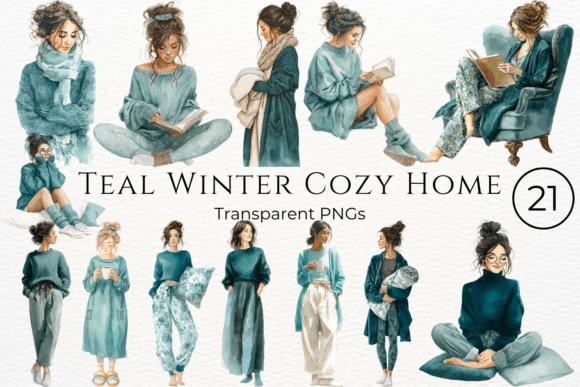 Teal Winter Cozy Home Watercolor Clipart Graphics