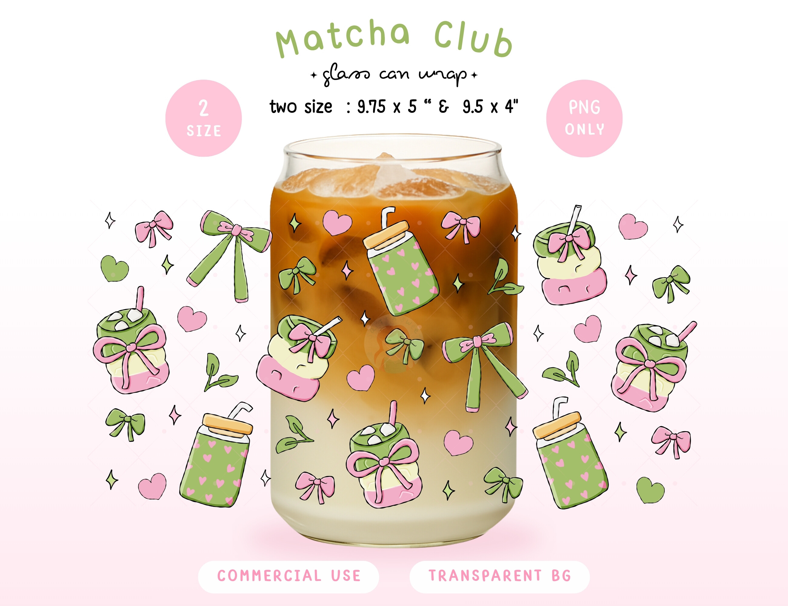 Matcha Girly Glass Can Wrap PNG 16oz
