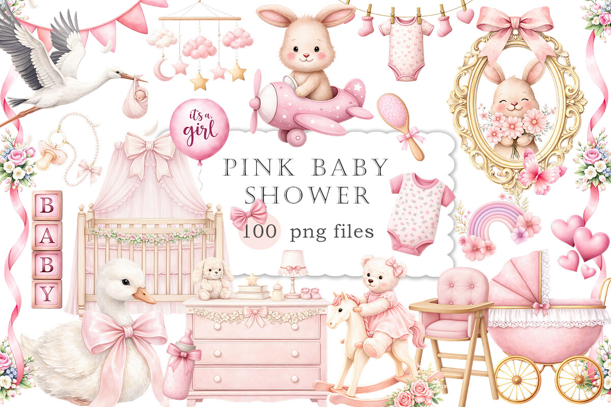 Pink Baby Shower Clipart Watercolor PNG Graphic by NeuroStoker ...