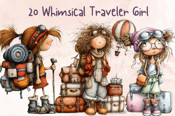 Whimsical Quirky Traveler Girl Clipart Graphic AI Generated By giraffecreativestudio