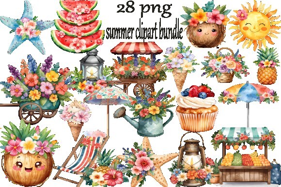 Watercolor 28 Summer Clipart PNG Bundle Graphic by THE MASTERMIND ...