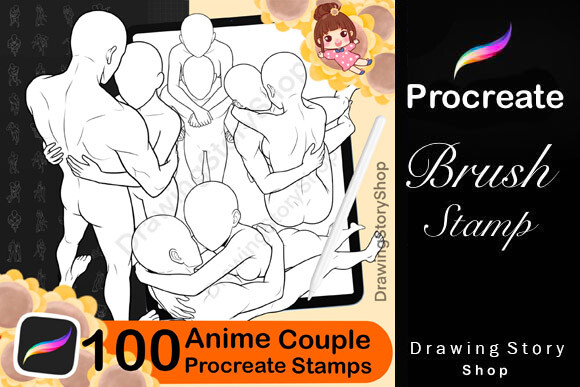 100 Anime Couple Pose Stamps Procreate romantic hugging manga love pose reference