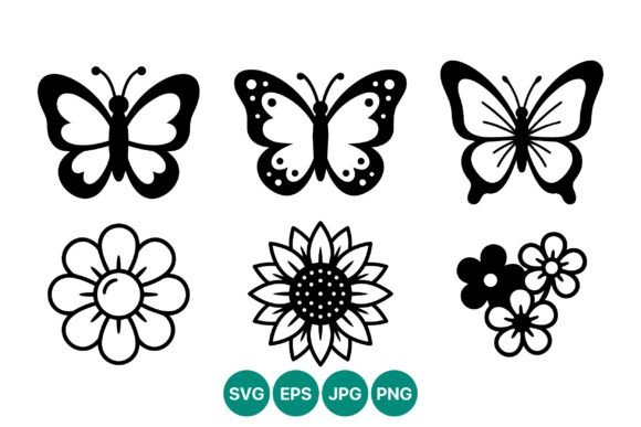 Black White Butterfly Flower Icons Graphic Illustrations By DesignVectx