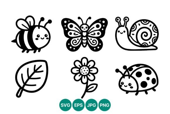 Cute Black White Bee Butterfly Snail Gráfico Ilustrações para Impressão Por DesignVectx