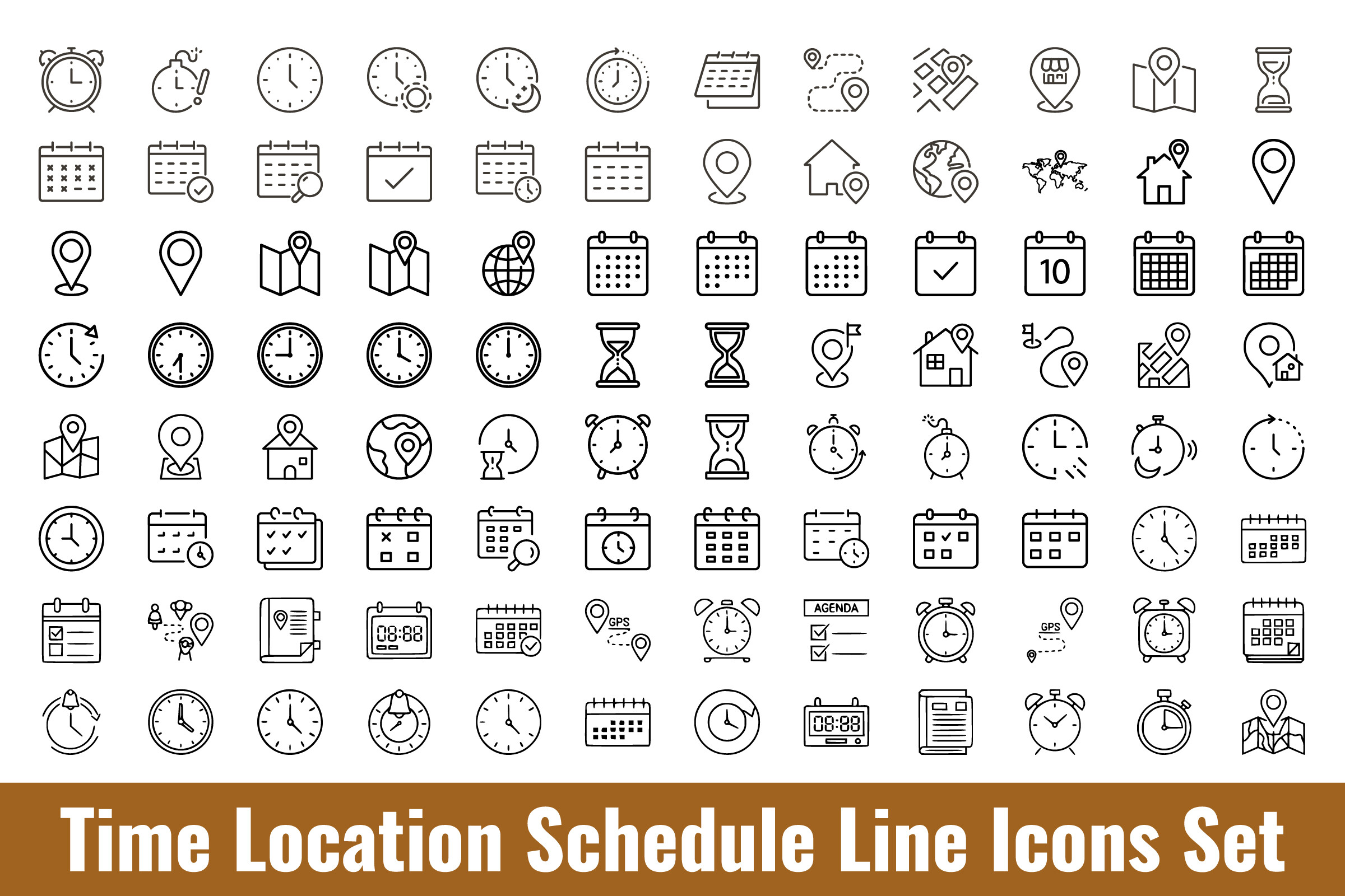 Time Location Schedule Line Icons Set