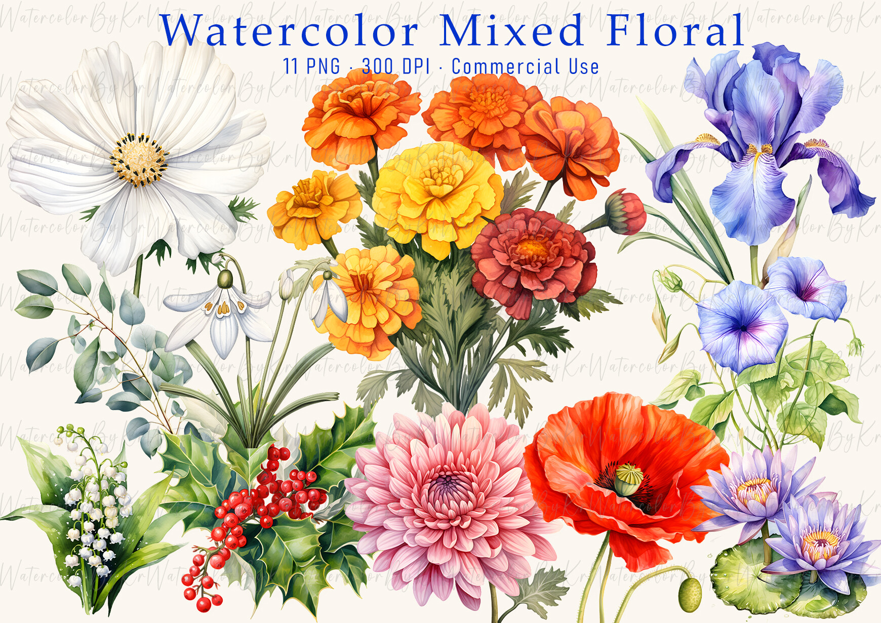 Watercolor Floral Bundle Clipart PNG Graphic by WatercolorByKr ...