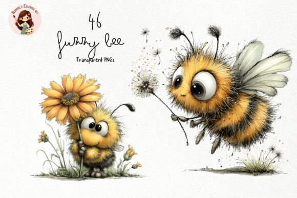 Whimsical Fuzzy Bee PNG Clipart Bundle