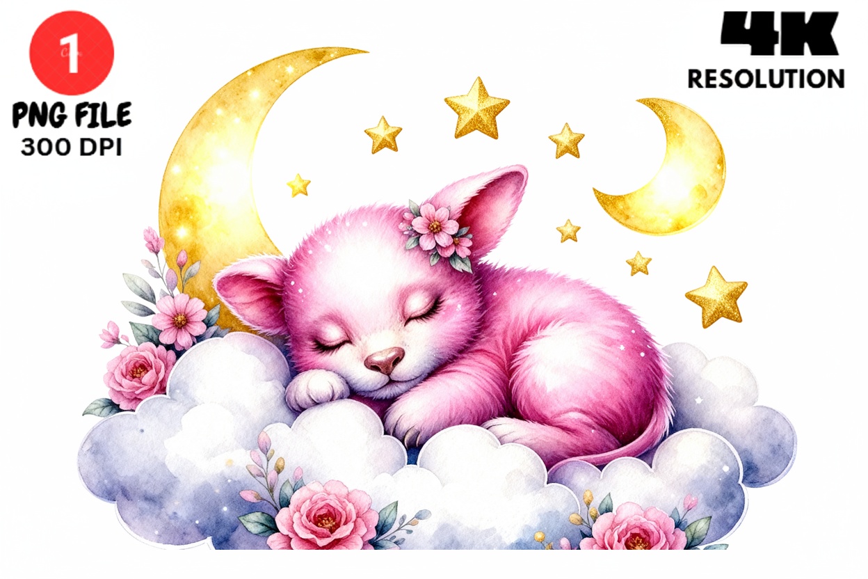 Pink Sleeping Puppy Moon Clouds PNG