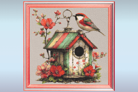 Spring Songbird Birdhouse Cross Stitch