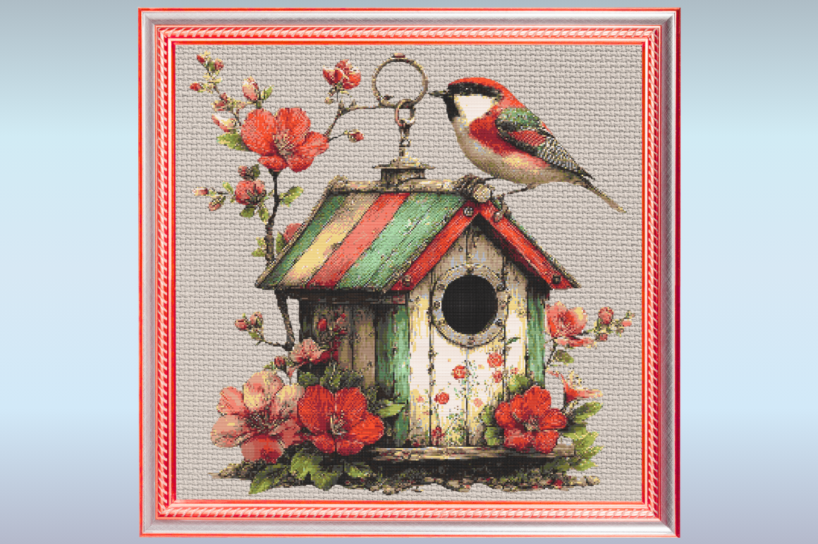 Spring Songbird Birdhouse Cross Stitch