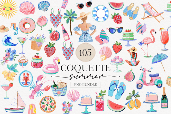 watercolor coquette summer clipart with soft feminine tones, aesthetic girly summer png illustrations