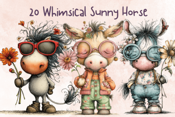 Whimsical Quirky Summer Horse Clipart Gráfico Generado por IA Por giraffecreativestudio