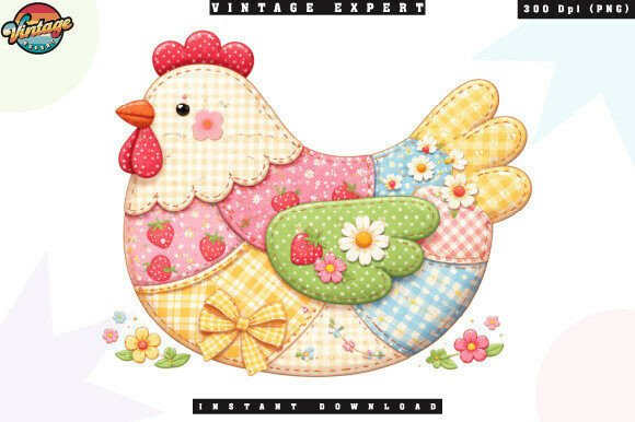 Cute Patchwork Hen Strawberry Floral PNG