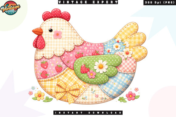 Cute Patchwork Hen Strawberry Floral PNG