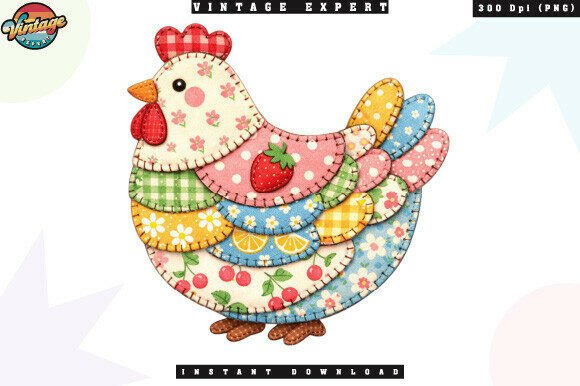 Farmhouse Chicken Floral Patchwork PNG