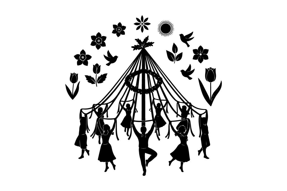 Maypole Dance with People, Flowers, Sun