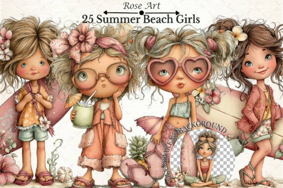 Whimsical Summer Beach Girls Clipart Graphic by Rose Art · Creative Fabrica