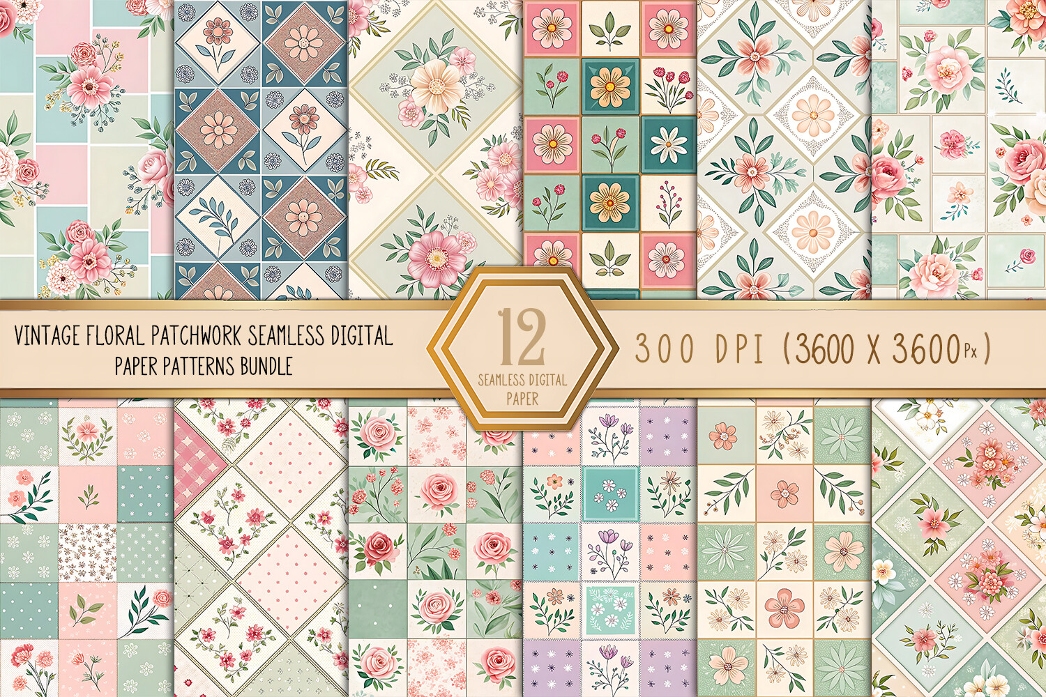 Vintage Floral Patchwork Digital Paper Graphic by Craftfiles-SVG ...
