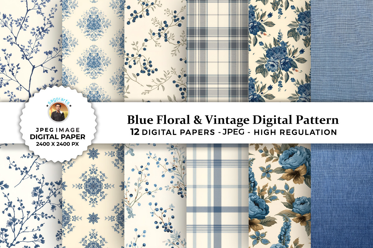 Blue Floral & Vintage Digital Patterns Graphic by sagorarts · Creative ...