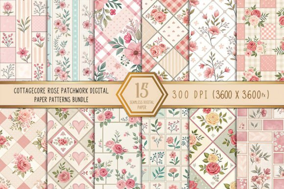 Cottagecore Rose Patchwork Digital Paper