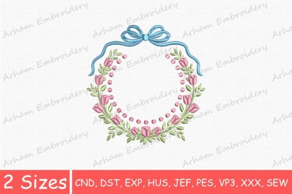 Floral Wreath with Bow Monogram Frame Floral Wreaths Embroidery Design By Arham Embroidery