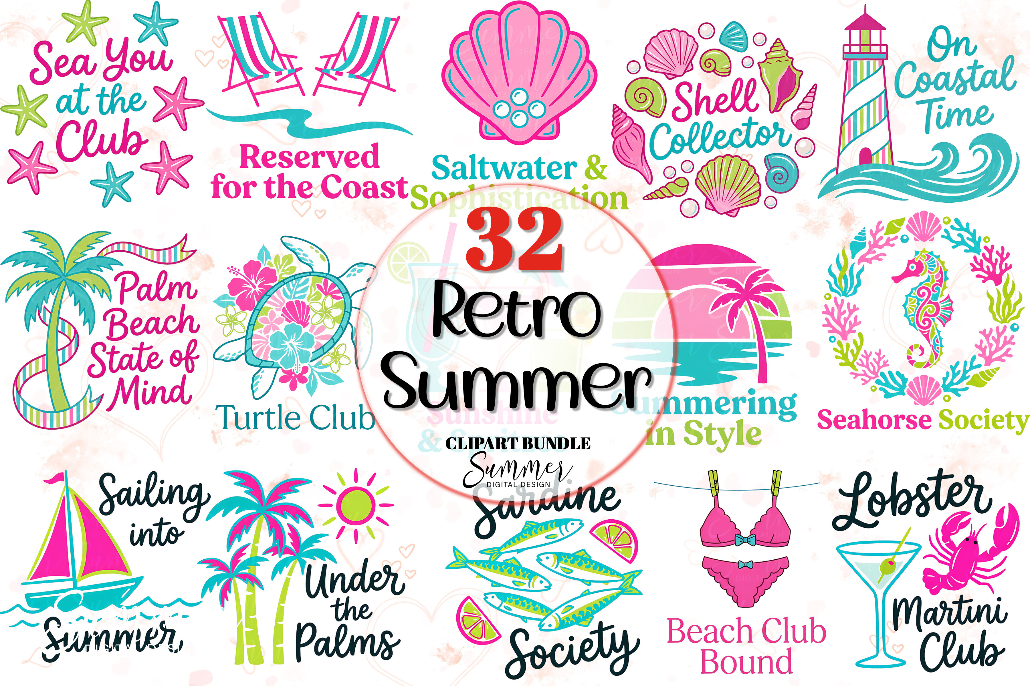 Retro Summer Beach Club Clipart Bundle Graphic by Summer Digital Design ...