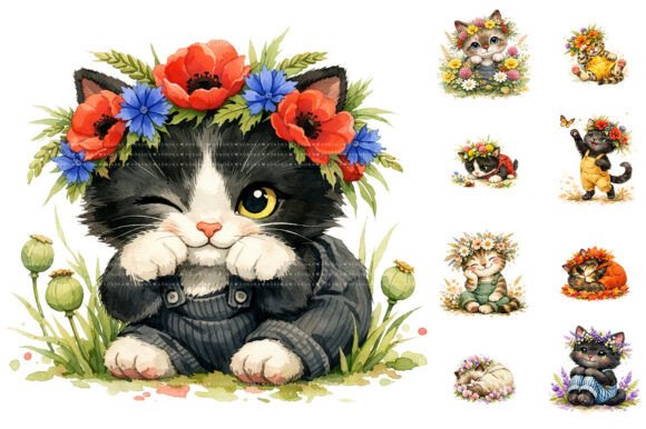 Watercolor Floral Kitten Clipart Bundle for nursery prints and sublimation mugs