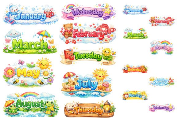Watercolor Months and Days Clipart PNG