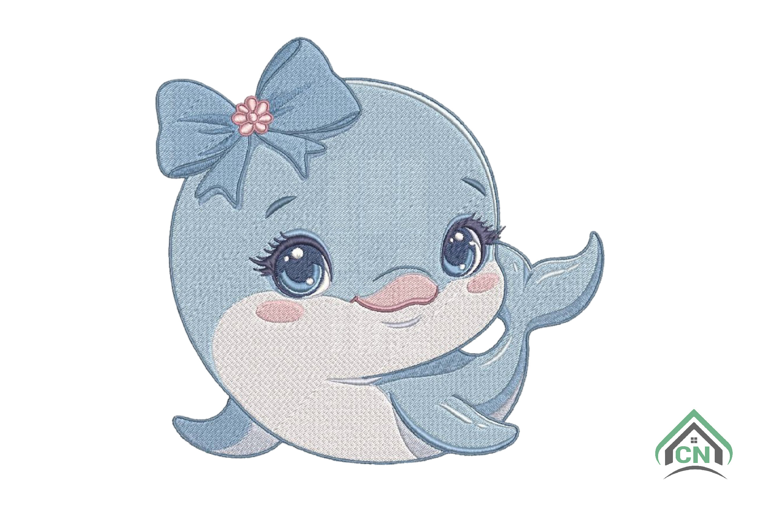 Cute Baby Dolphin with Bow Embroidery