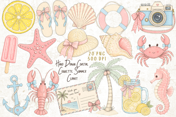 Hand Drawn Coastal Coquette Summer PNG Graphic Illustrations By Yassou Bouhad