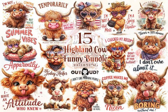 Sarcastic Highland Cow Clipart Bundle Graphic Illustrations By Cat Lady