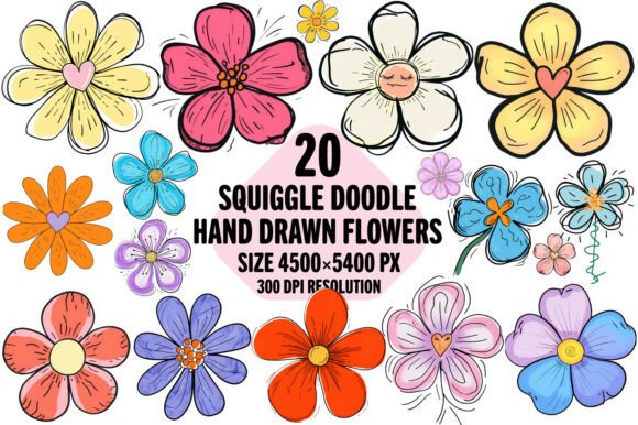Squiggle Doodle Hand Drawn Flowers Grafika Ilustracje do Druku Przez PS Digital Art