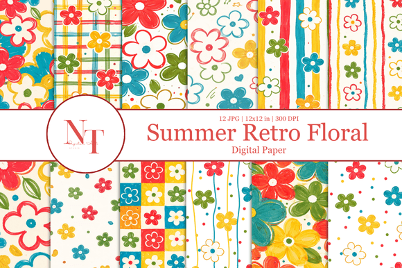 Summer Retro Floral Digital Paper Graphic Patterns By Nam Tiwa