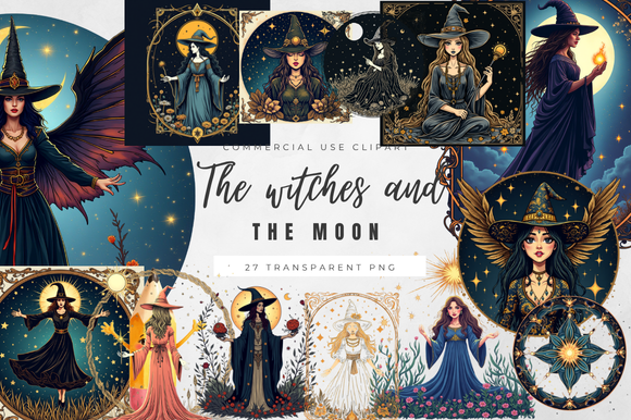 Witches and Moon Clipart Set